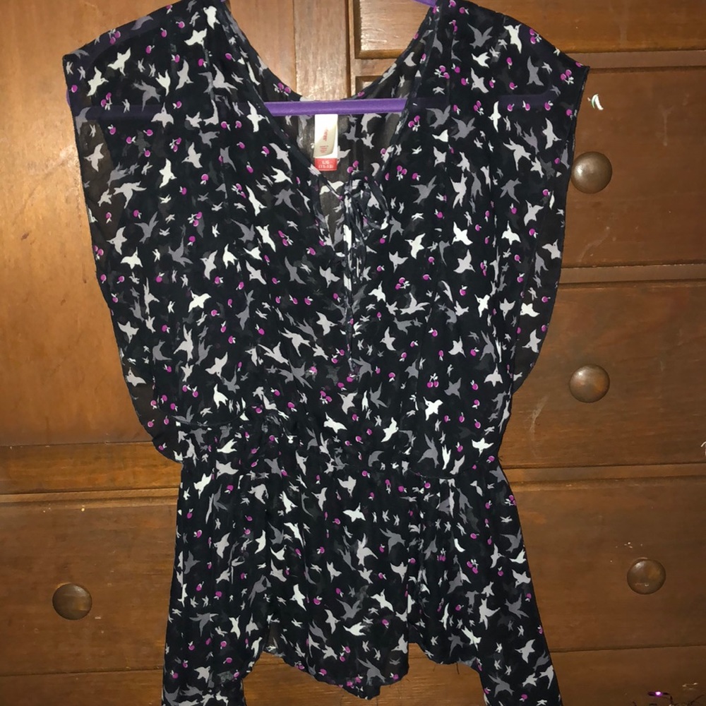 Bird chasing cherries flory sheer blouse
